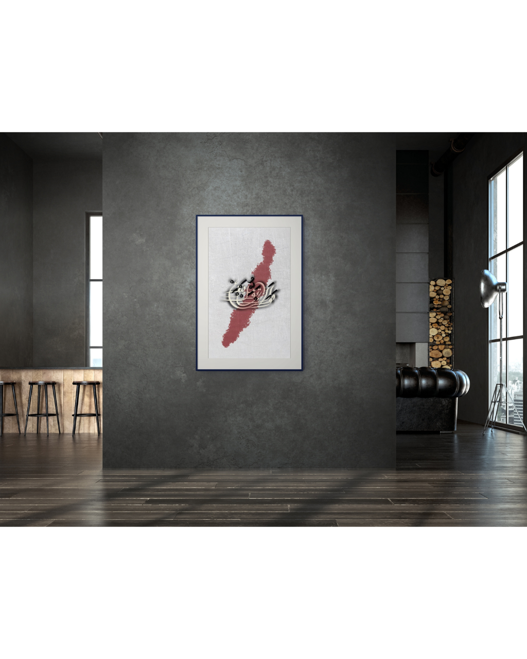 Absence — الغياب in a dark blue frame in a moody industrial loft interior | ENJZ