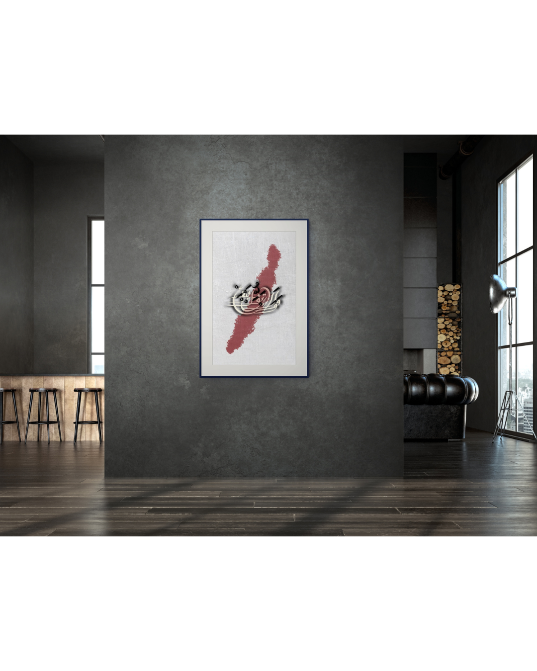 Absence — الغياب in a dark blue frame in a moody industrial loft interior | ENJZ