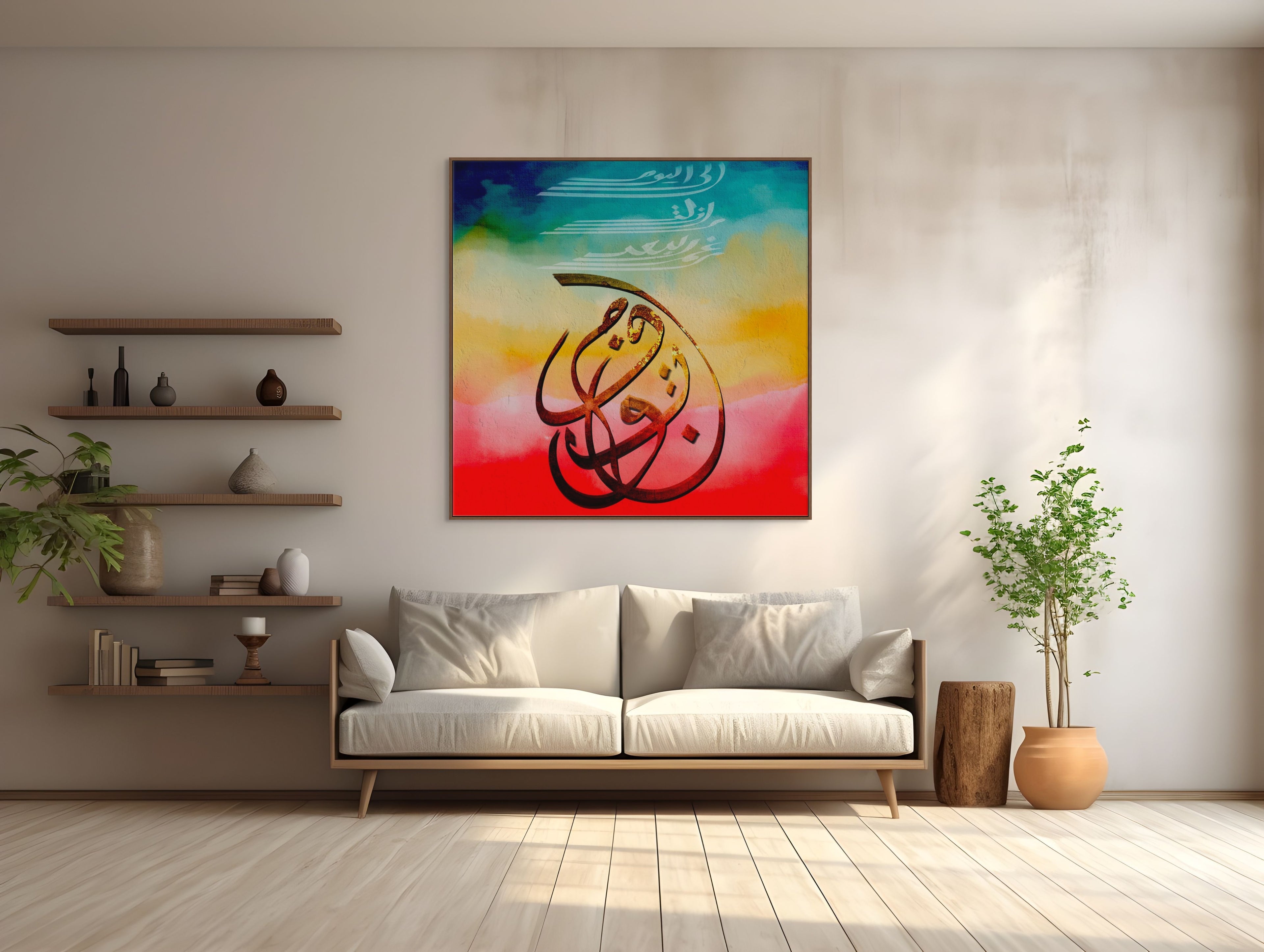 "Vision" ENJZ giclée print displayed as large-format canvas in a bright Scandinavian-style living room above a white linen sofa — Arabic visual poetry wall art in a contemporary interior
