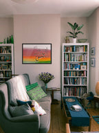 Calligraphy art print displayed in a modern living room interior mockup