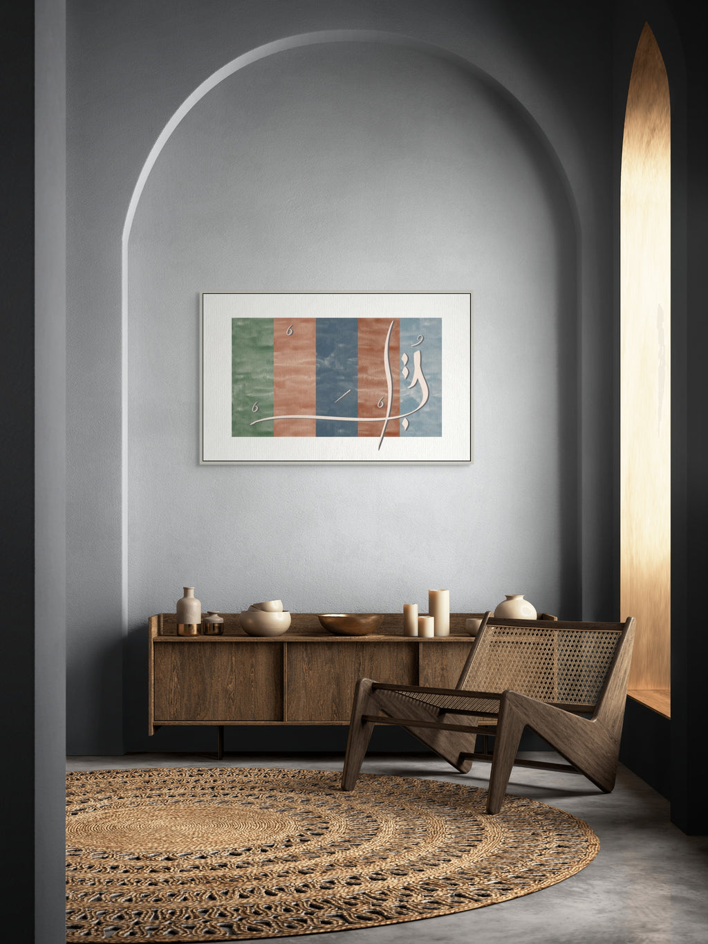 Lebanon art print by ENJZ in a white frame, displayed under a plastered arch above a wood sideboard in a grey tonal interior. Original Arabic poetry by Zein Sourany.