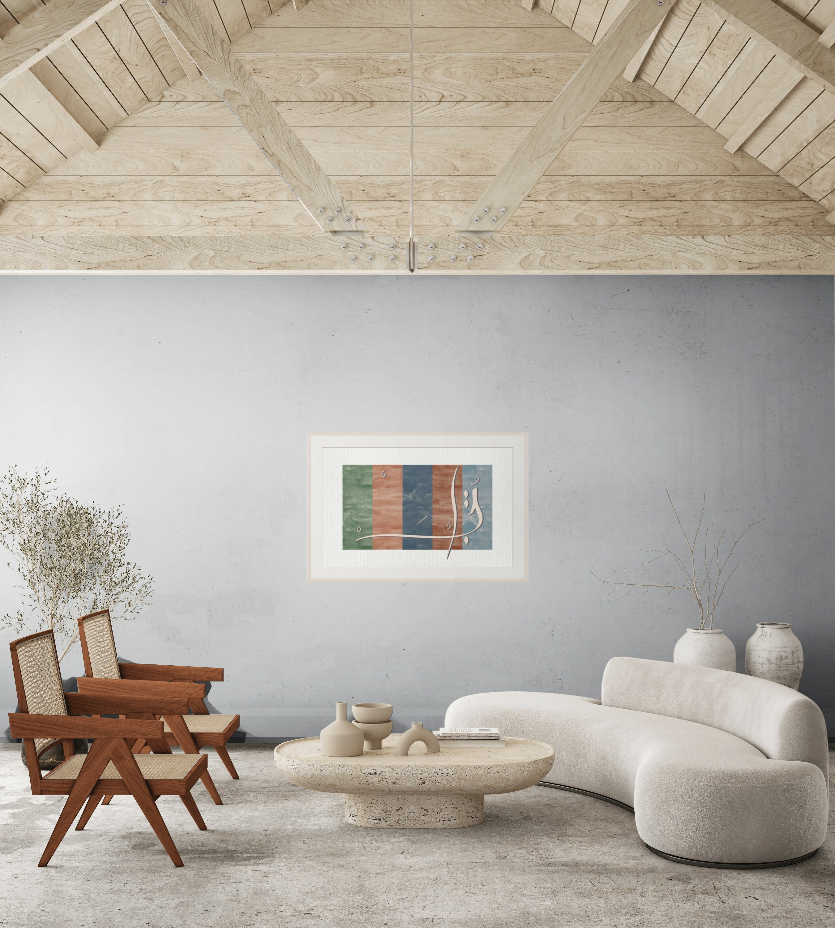 Lebanon art print by ENJZ in a white frame, displayed in a raw loft space with exposed timber ceiling, Pierre Jeanneret chairs and a curved cream sofa. Original Arabic poetry by Zein Sourany.