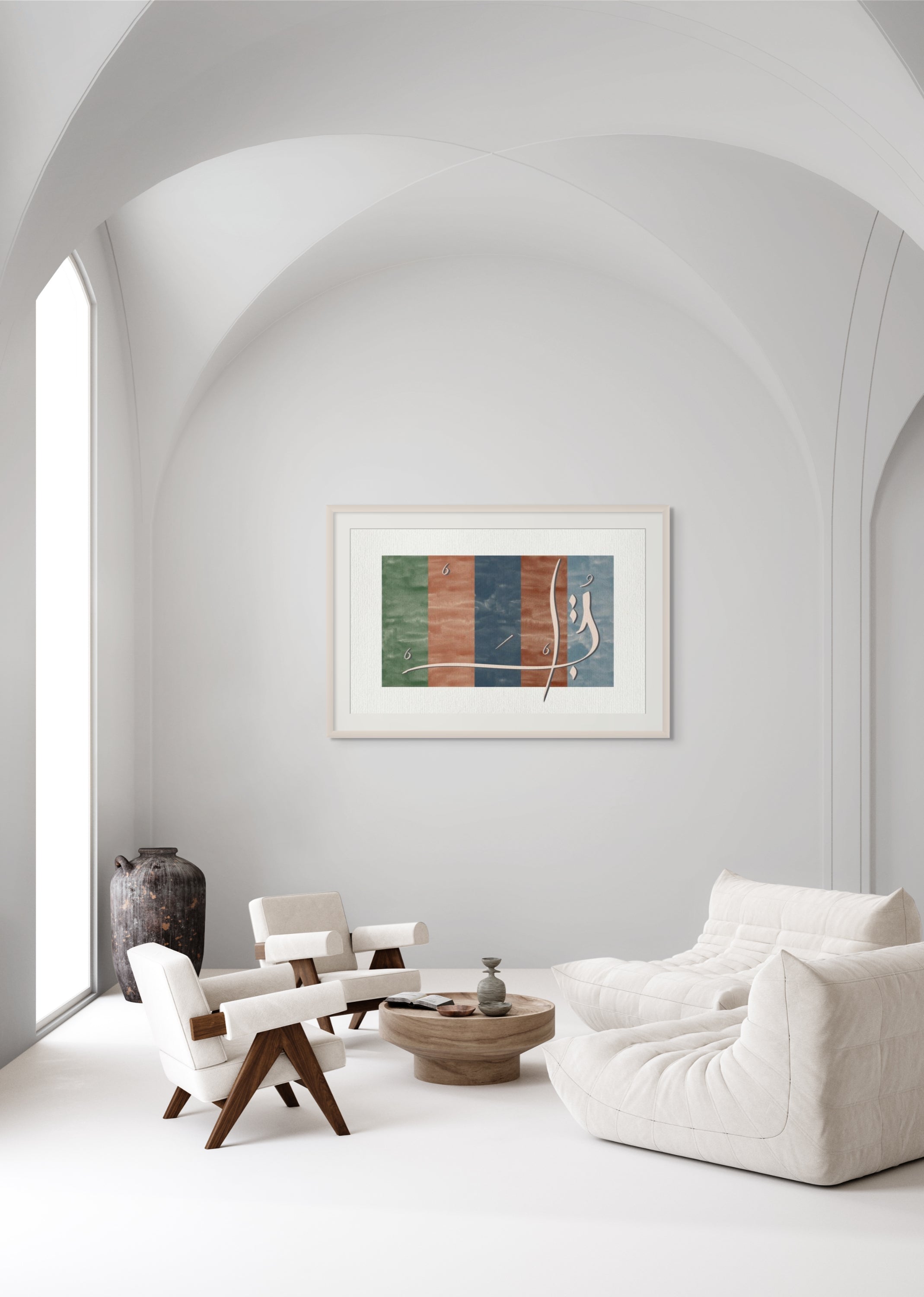 Lebanon art print by ENJZ in a natural wood frame, displayed in a bright vaulted space with arched ceilings and Pierre Jeanneret chairs. Original Arabic poetry by Zein Sourany.