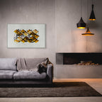 Prayer (صلاة) by Zein Sourany on a concrete wall above a grey sofa. Arabic visual poetry art print. ENJZ Lebanon Collection.