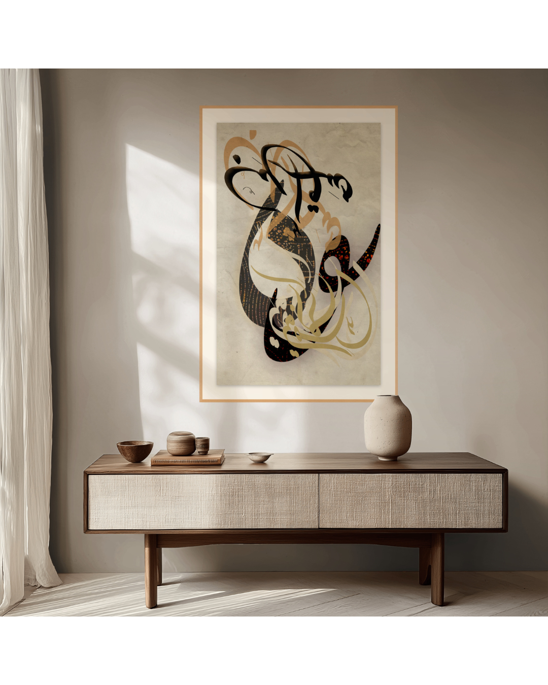 Fine art Arabic poetry print with wide cream mat in gold frame, natural light interior — ENJZ limited edition