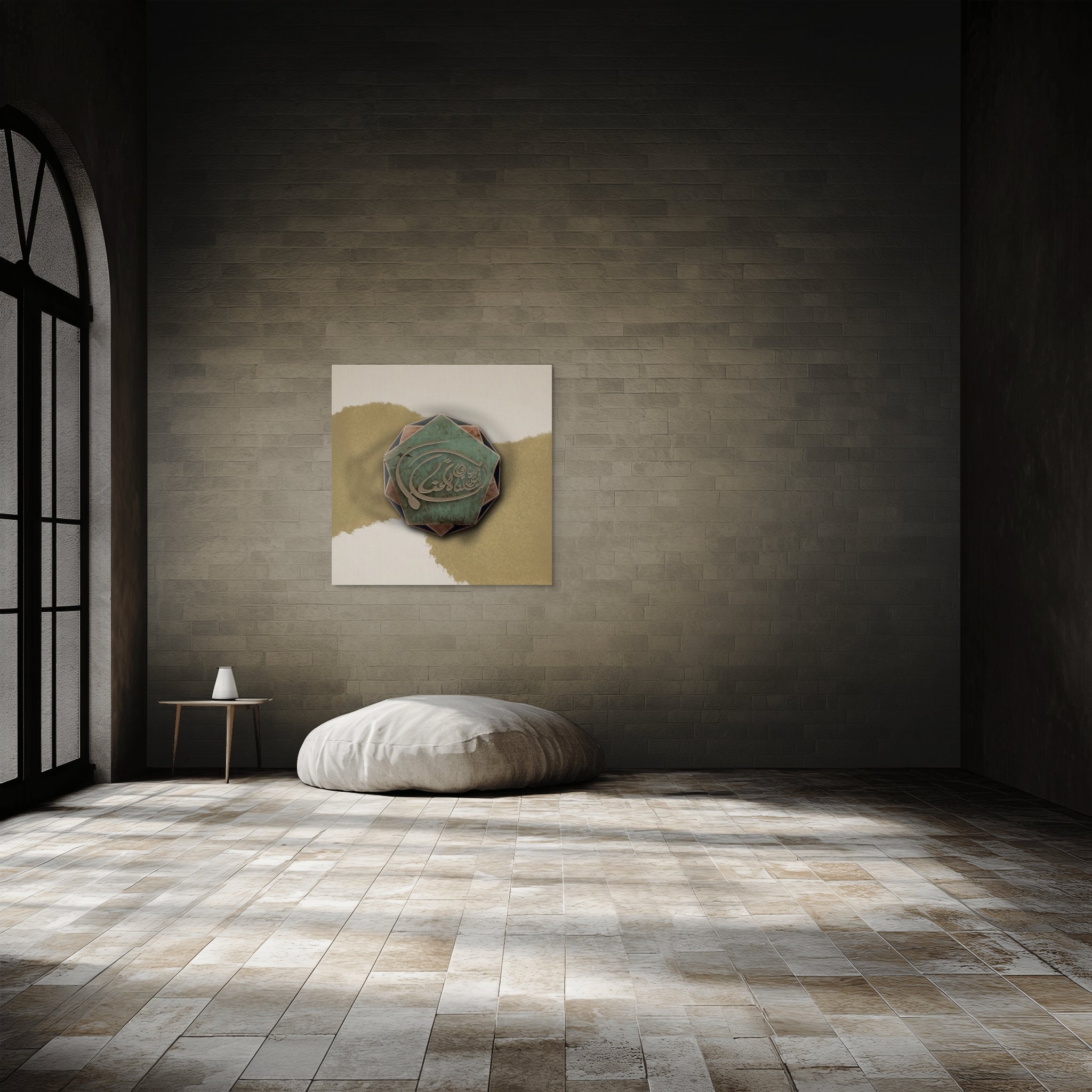Arabic poetry fine art print on dark brick wall in minimalist interior — The Warrior, limited edition by ENJZ