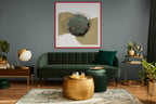 arge format Arabic poetry art print in red frame above green velvet sofa in luxury living room — The Warrior by ENJZ