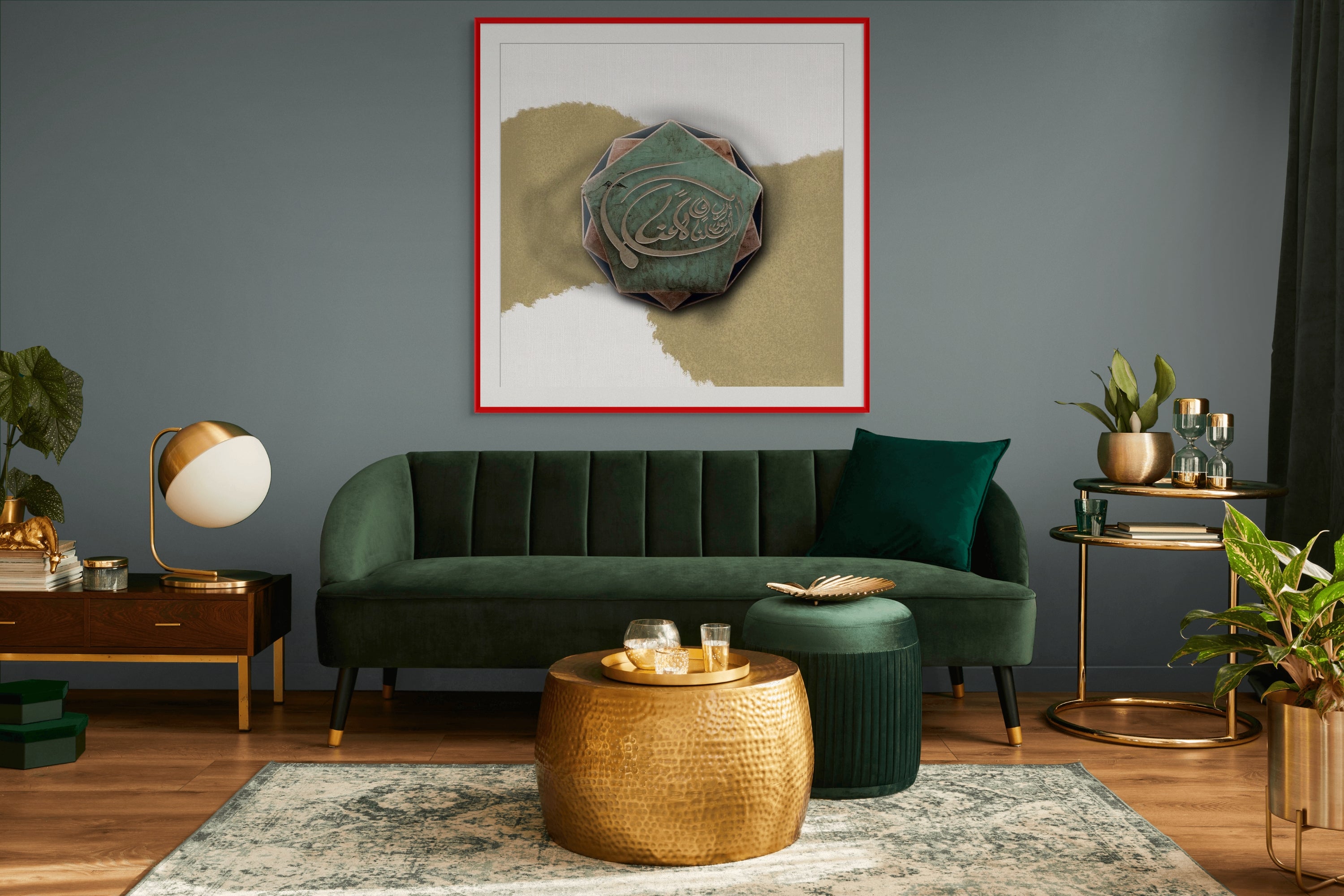 arge format Arabic poetry art print in red frame above green velvet sofa in luxury living room — The Warrior by ENJZ